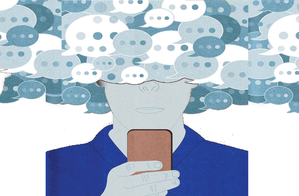 Representation of person being consumed by their phone.
